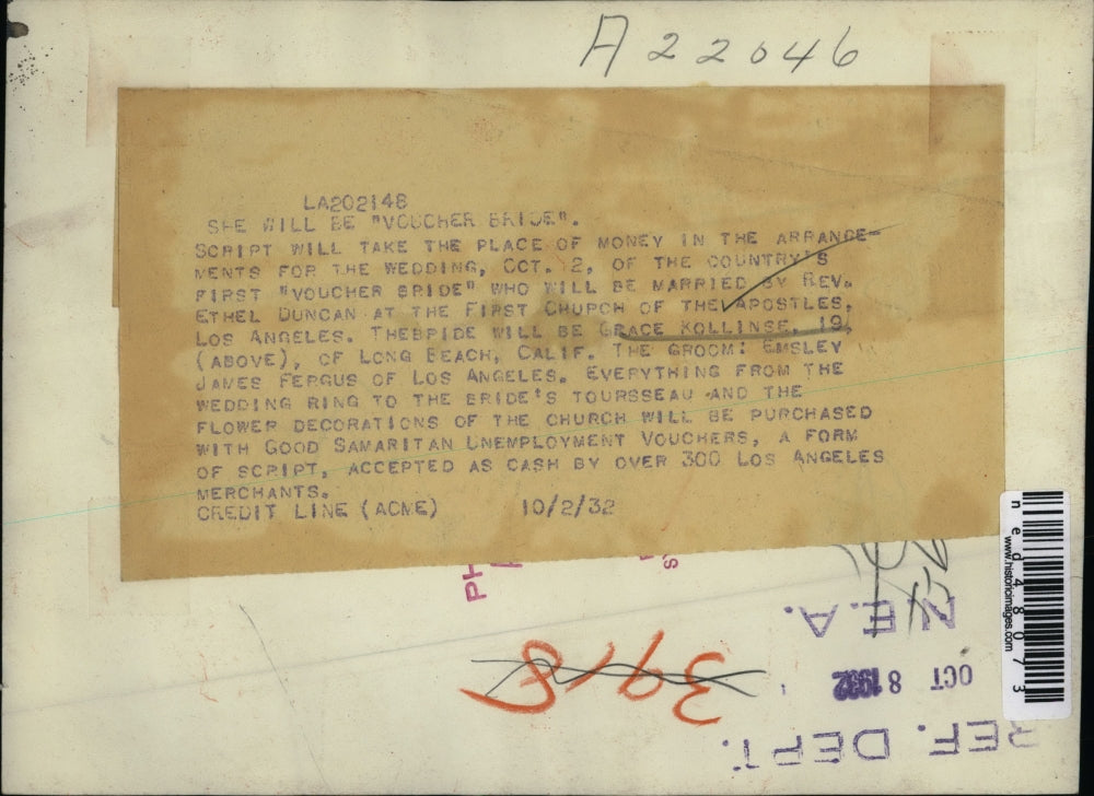 1932 Press Photo Grace Kollinse first country Voucher Bride married Rev. Duncan