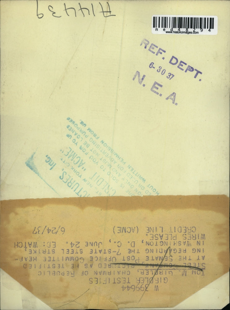 1937 Press Photo Rom Girdler Republic Steel Company Senate Post Office Committee