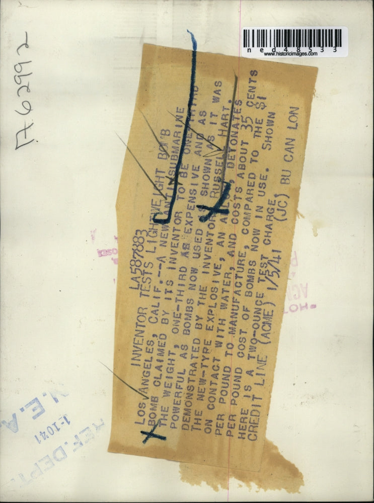 1941 Press Photo Los Angeles Calif A new anti submarine bomb claimed by its