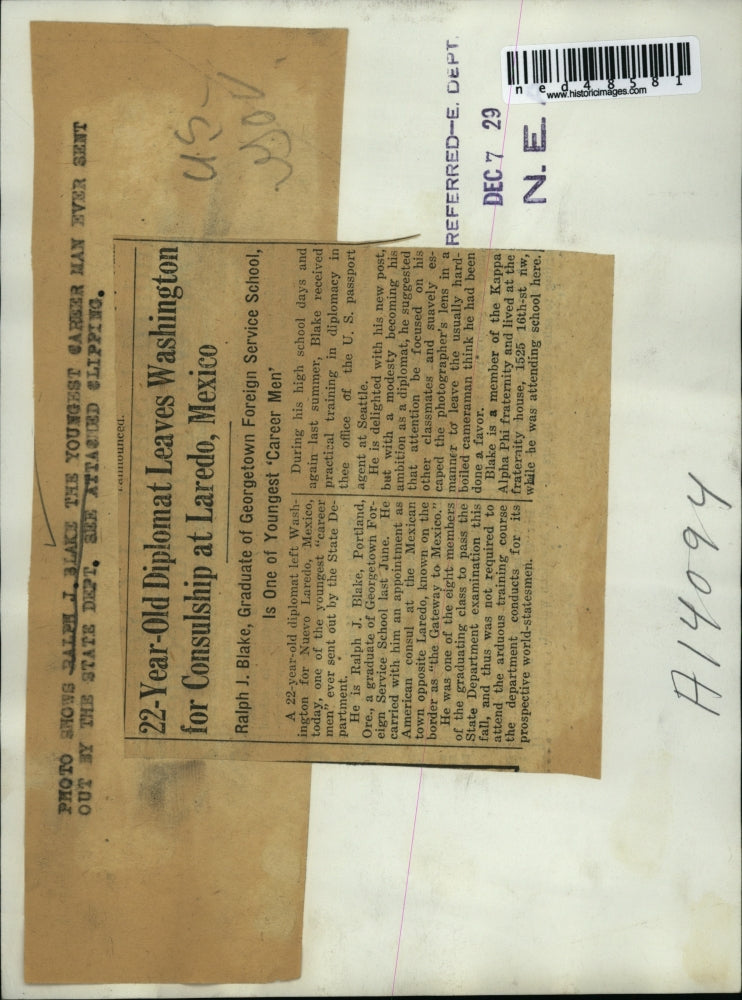 1929 Press Photo Ralph J. Blacke Youngest Diplomat Sent Out of Department