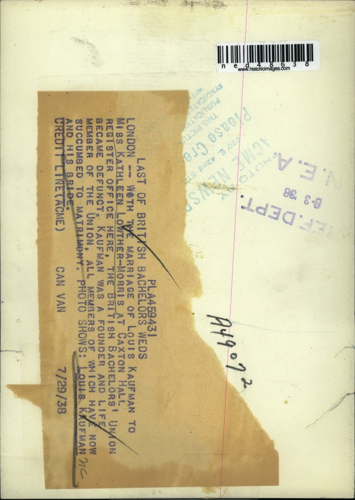 1938 Press Photo London England Louis Kaufman & bride Kathleen Lowther Morris