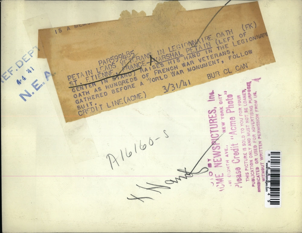 1941 Press Photo The veterans in the Legionnaire oath at St. Etienne