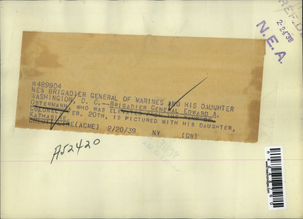 1939 Press Photo New Marine Brigadair General , Edward Ostermann with Katherine