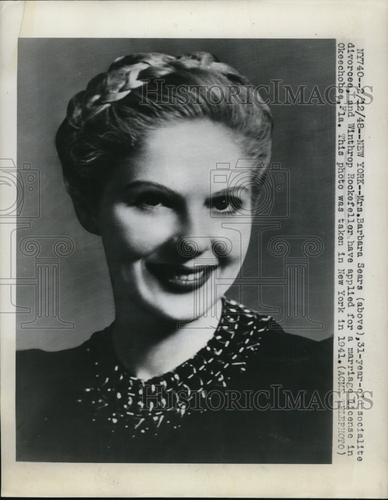 1948 Press Photo Mrs. Barbara Sears, Socialite Divorcee