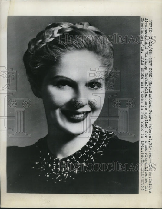 1948 Press Photo Mrs. Barbara Sears, Socialite Divorcee