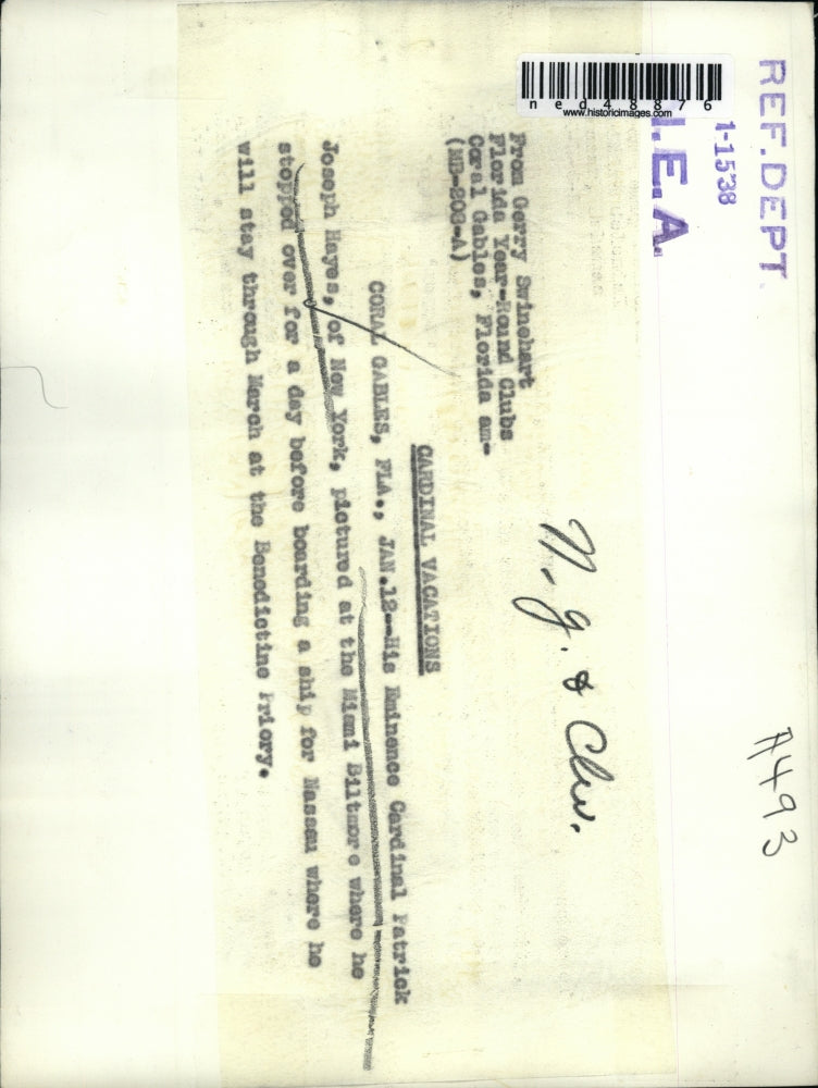 1938 Press Photo Cardinal on his way to Nassau for Vacation