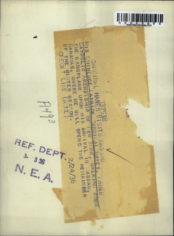 1936 Press Photo Patrick Cardinal Hayes in Nassau Bahamas