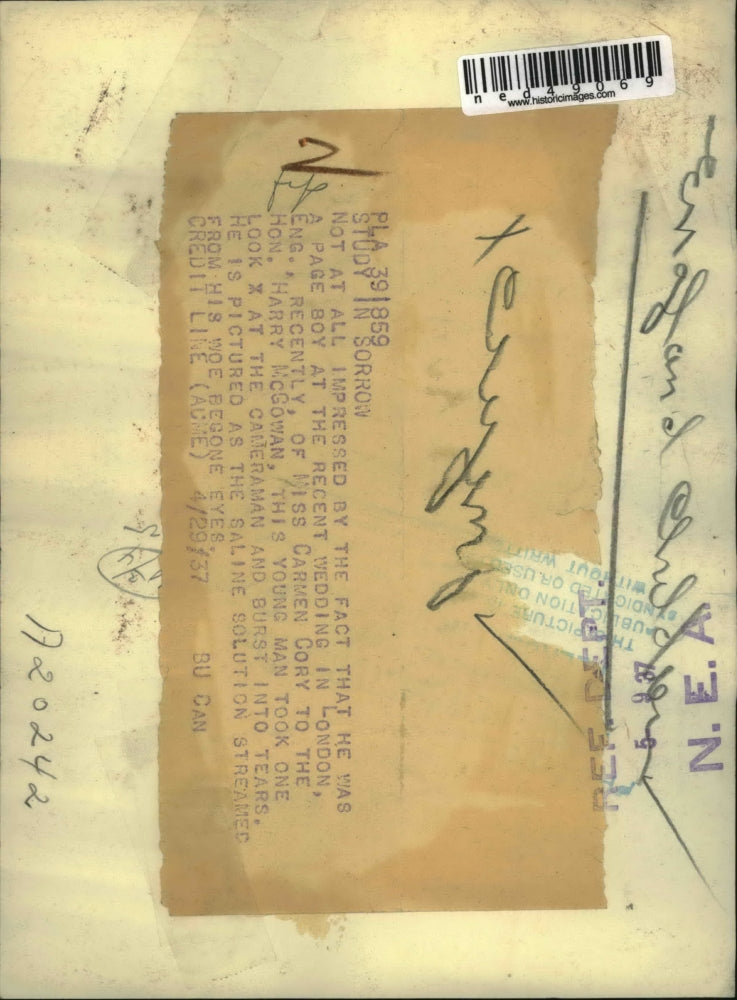 1937 Press Photo The cute page boy at the London wedding was in tears