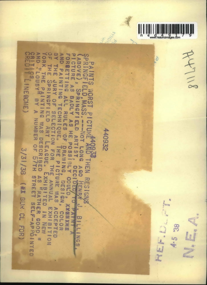 1938 Press Photo Henry J Billings Paints Bad Picture On Purpose For Exhibition