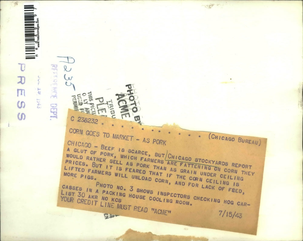 1943 Press Photo Inspectors checked hog carcasses in a packing house cool-room