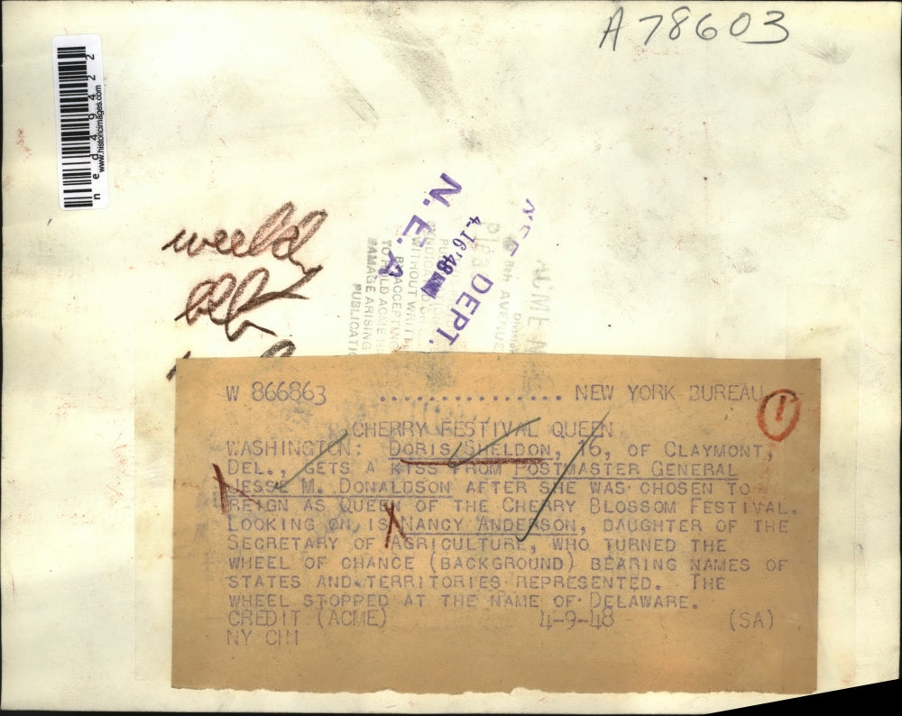 1948 Press Photo Doris Sheldon with Postmaster General Jesse Donaldson