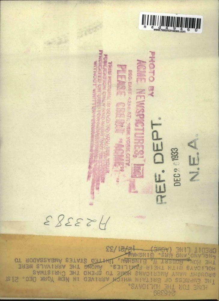 1933 Press Photo Hon. R. W. Bingham & his Wife Spend Christmas at Home