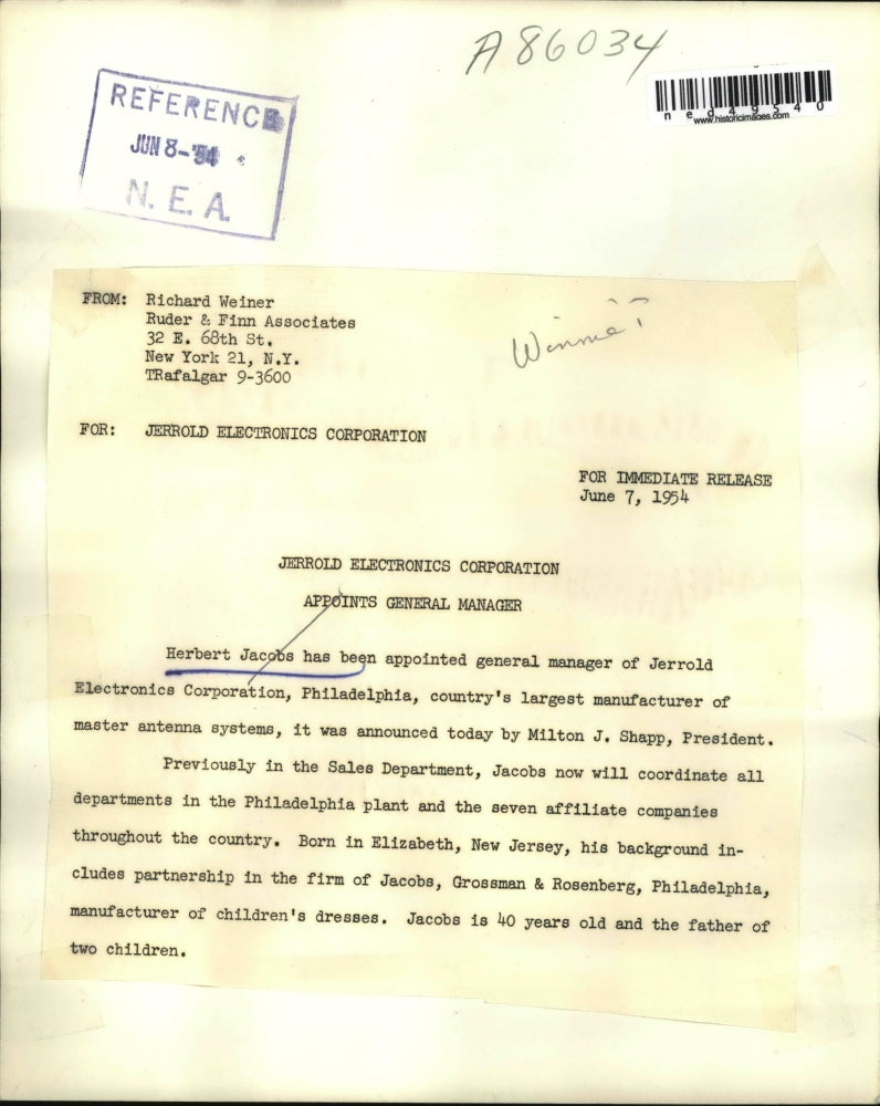 1954 Press Photo Herbert Jacobs Appointed General Manager