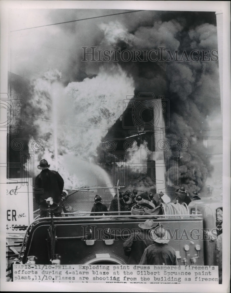 1953 Press Photo Exploding paint drums during a fire at Gilbert Paint ...