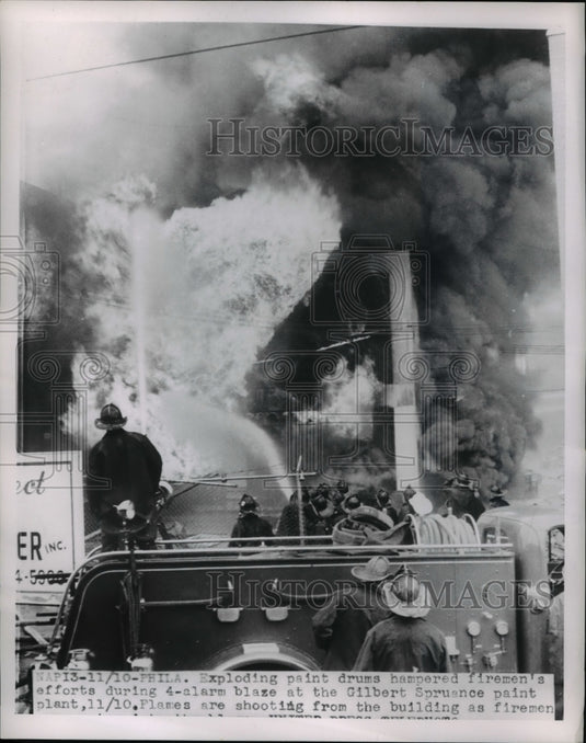 1953 Press Photo Exploding paint drums during a fire at Gilbert Paint Plan