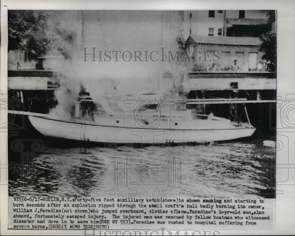1951 Press Photo The fire at the auxilliary ketch after the explosion