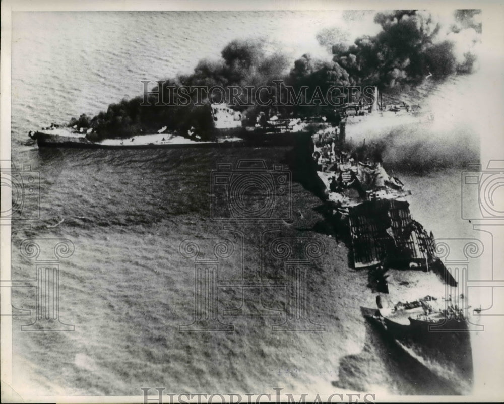 1953 Press Photo Tanker Pan Massachusetts burns after collision with Phoenix