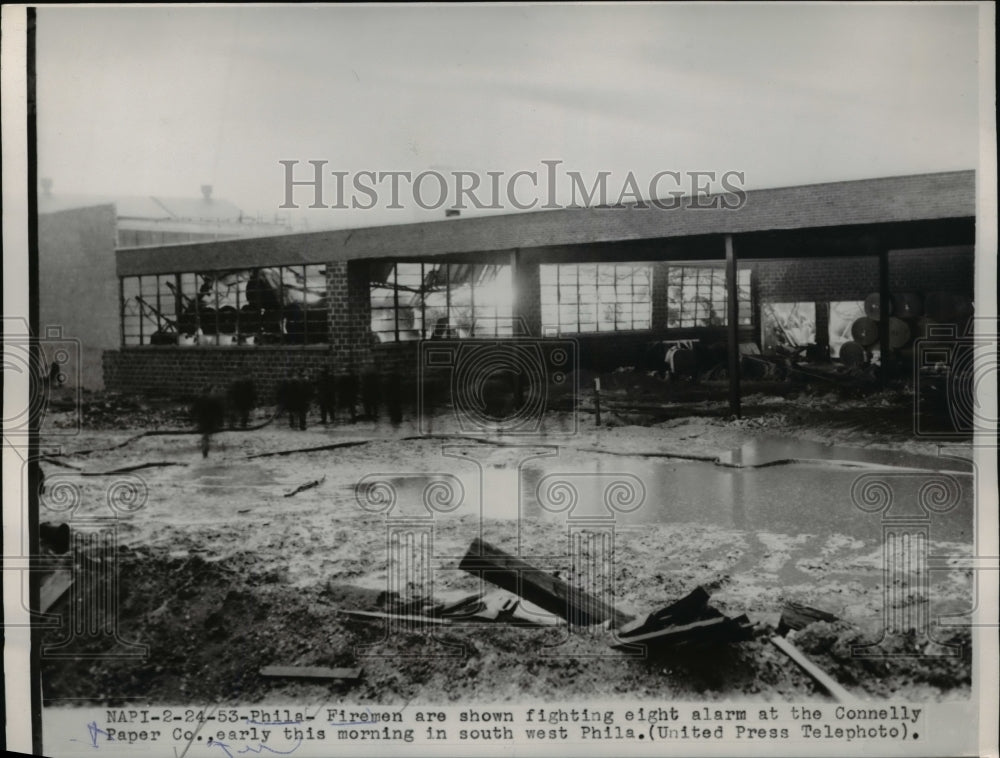 1953 Press Photo Firemen fighting eight alarm at the Connelly Paper Company- Historic Images