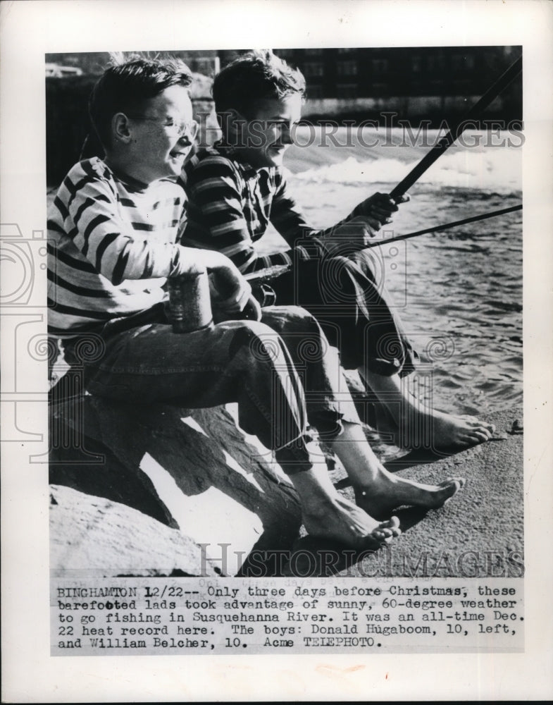 Load image into Gallery viewer, 1950 Press Photo Binghampton Don Hugaboom age 10 &amp; William Belcher fishing
