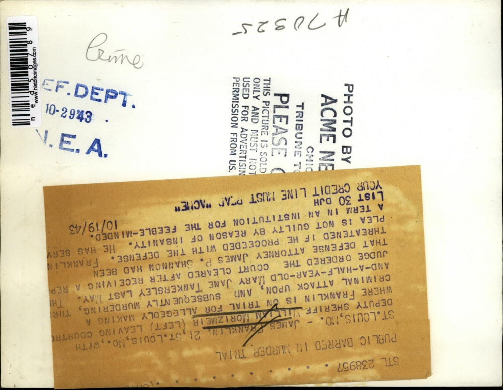 1943 Press Photo James Franklin & Sheriff William Morizmeir Leaving Courtroom