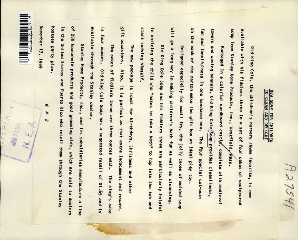 1959 Press Photo Old King Cole Soap Cardboard Castle Box Packaging