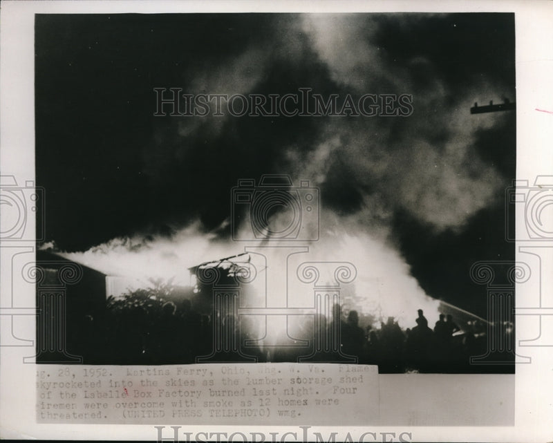 Load image into Gallery viewer, 1952 Press Photo Labelle Box Factory Lumber Storage Shed Fire, Martins Ferry OH

