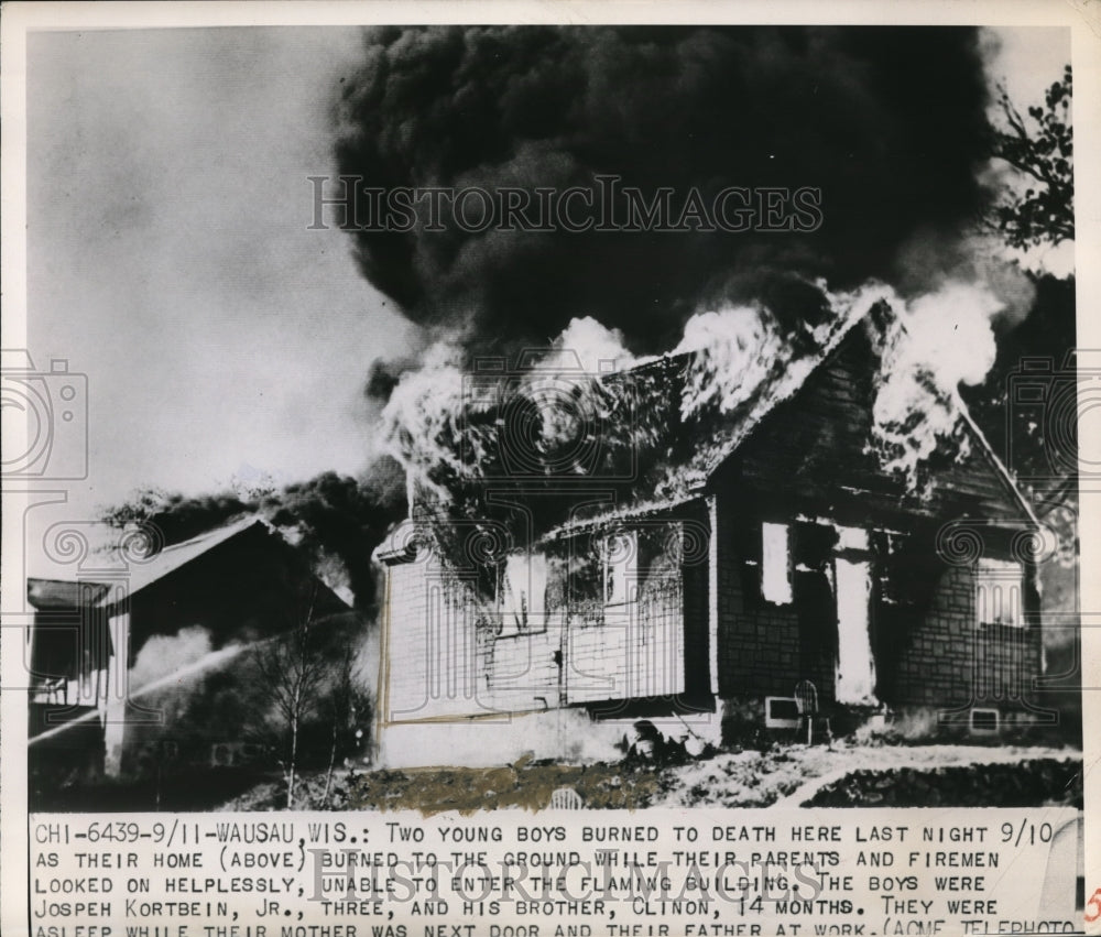 1949 Press Photo Wausau Wis home burns down killing two uoung boys
