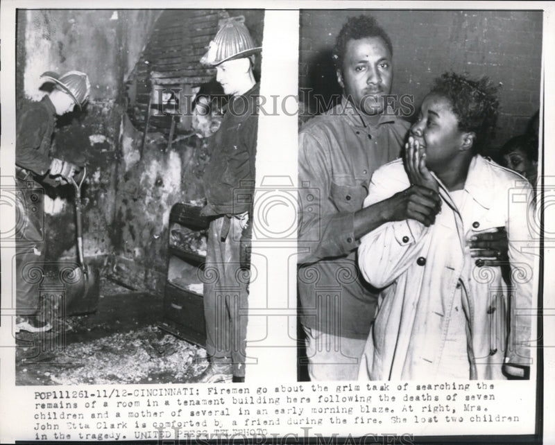 Load image into Gallery viewer, 1956 Press Photo Cinncinati Ohio firemen search for bodies of kids after a fire
