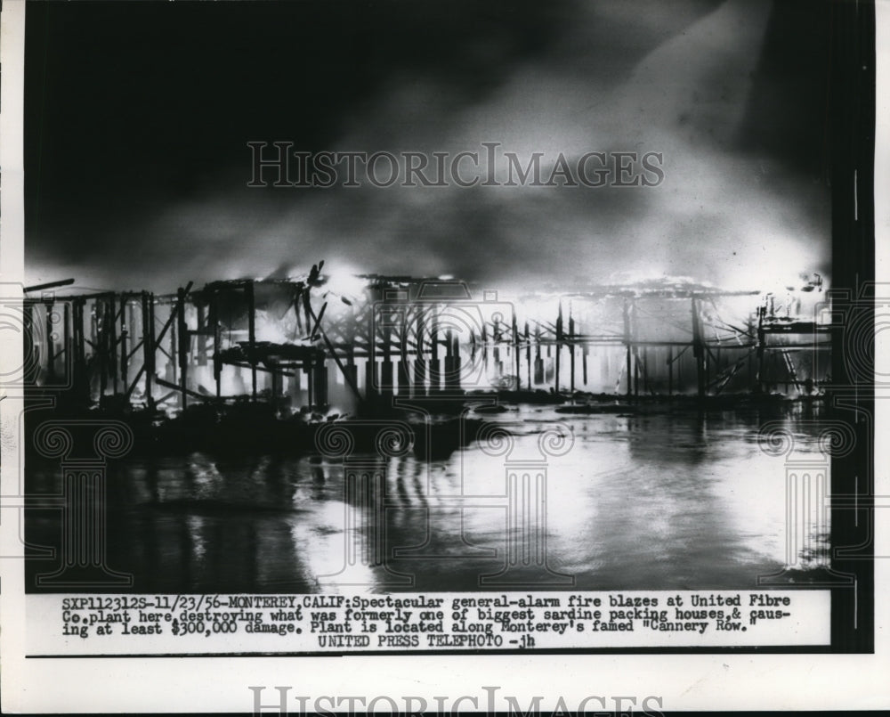 1956 Press Photo Fire blazes at United Fibre Co. plant biggest sardine plant