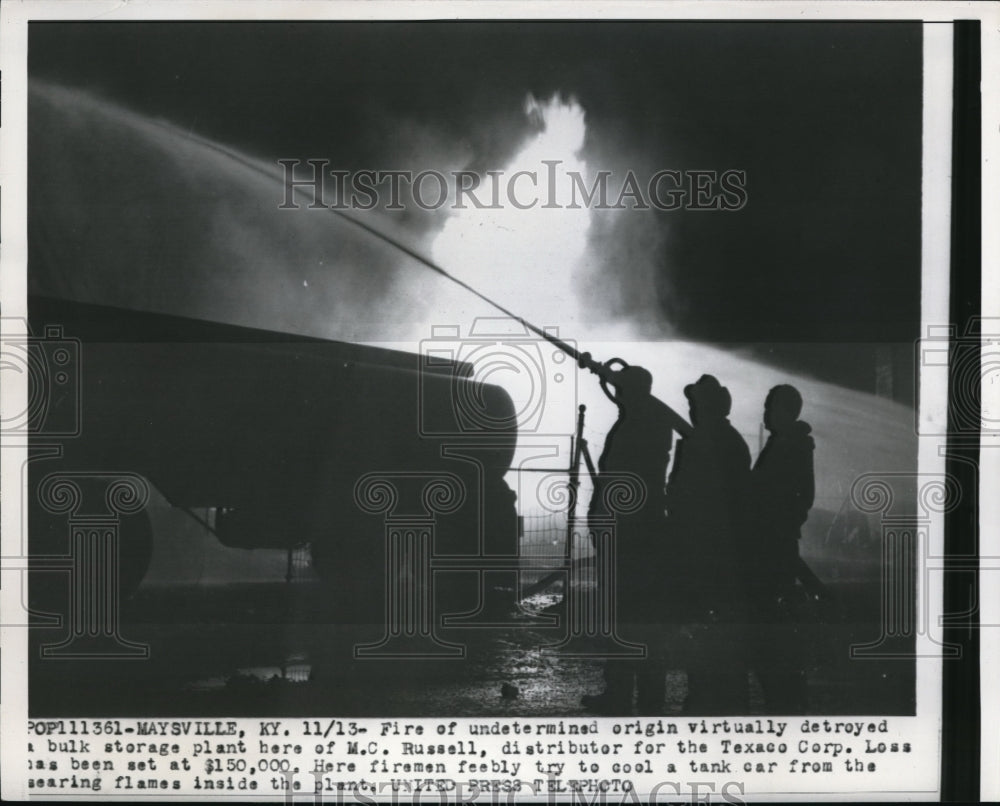 1956 Press Photo Fire at M.C. Russell Plant distributor for the Texas Corp.