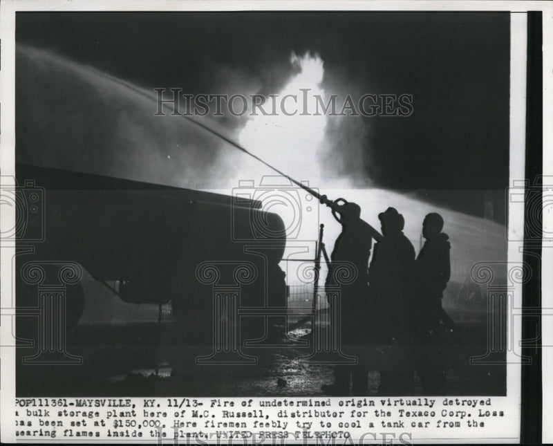 Load image into Gallery viewer, 1956 Press Photo Fire at M.C. Russell Plant distributor for the Texas Corp.
