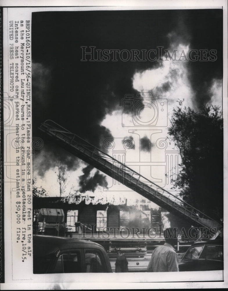 1956 Press Photo Flames roar more than 200 feet in air at Marmount Laundry, Mass- Historic Images