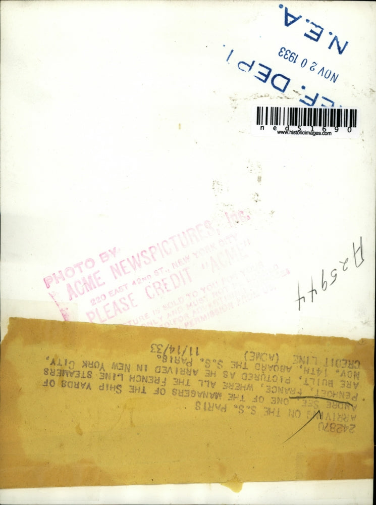 1933 Press Photo Andre See Arriving in New York City