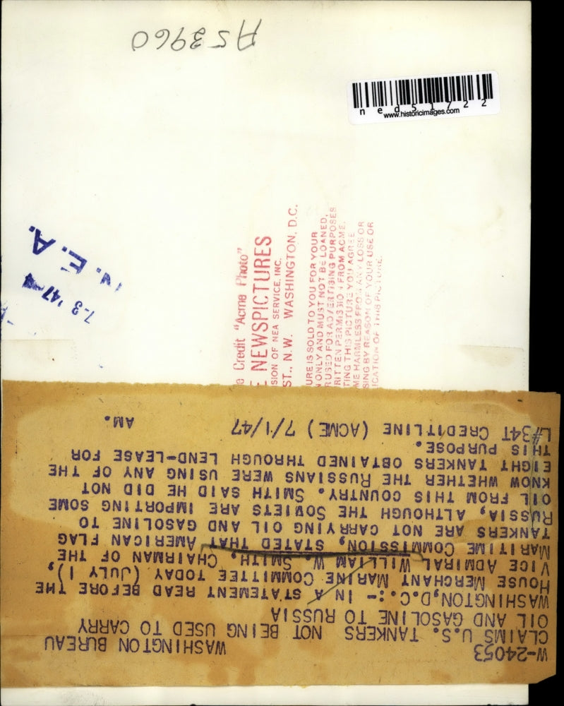 1947 Press Photo Vice Admiral William W. Smith, maritime commission chairman