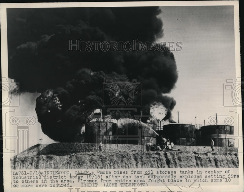 Load image into Gallery viewer, 1948 Press Photo Blazing Oil Storage Tanks
