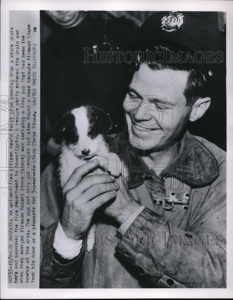 1952 Press Photo The rescue party found a pup inside the storm drain