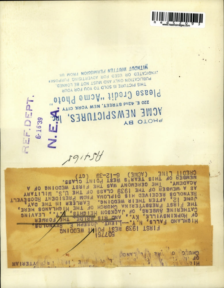 1939 Press Photo Highland Falls NY Lt Joseph Reynolds and his bride Catherine