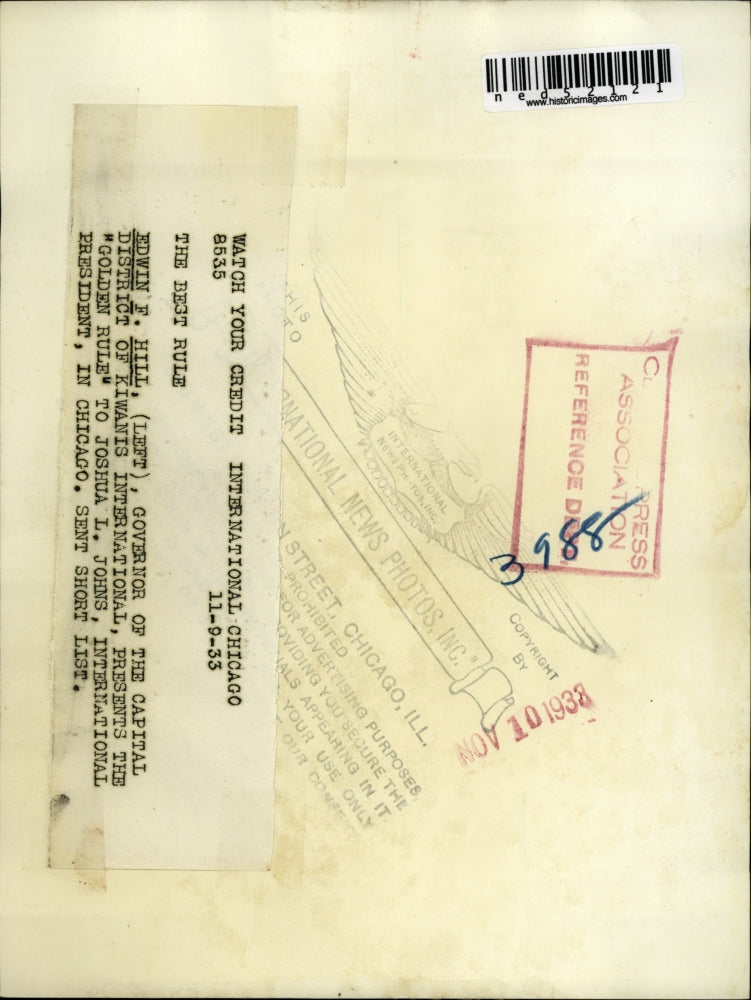 1938 Press Photo Gov.Edwin F Hill Kiwanis International present the Golden Rules