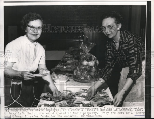 1957 Press Photo Mother and Daughter serves Smorgasbord Dinner to raise dunds