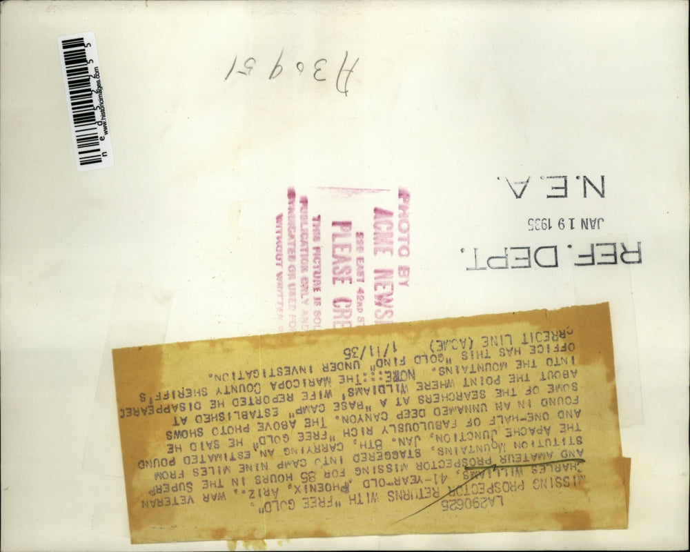 1935 Press Photo Charles Williams missing War Veteran return with free gold.