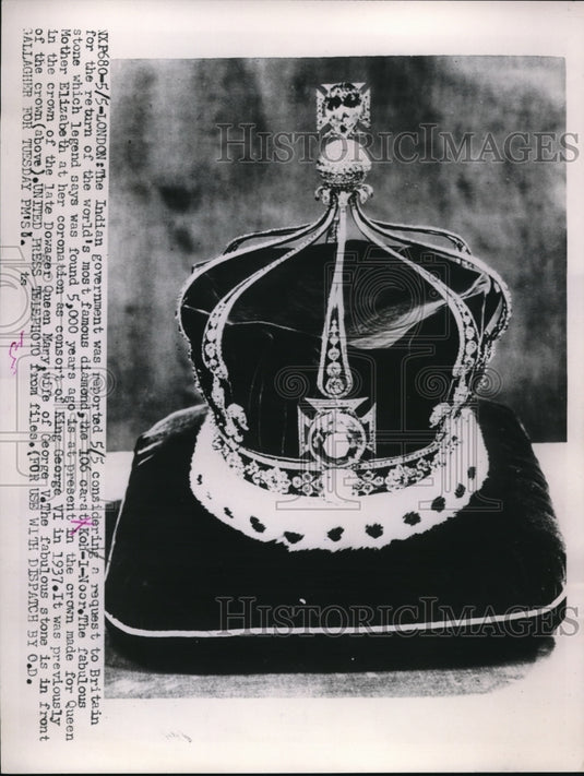 1953 Press Photo London England, Koh-I-Noor Diamond In Crown for Queen