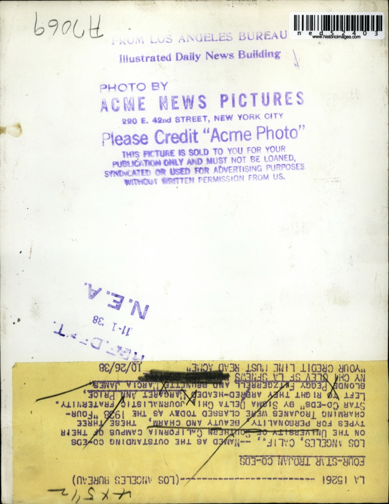 1938 Press Photo Four Star Co-Eds Trojan of Univ. of Southern California.