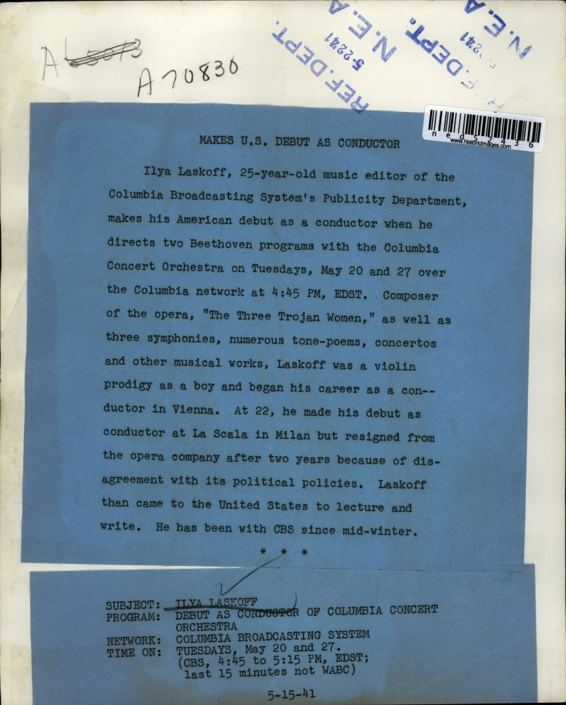 1941 Press Photo Ilya Laskoff, Music Editor For CBS Programs