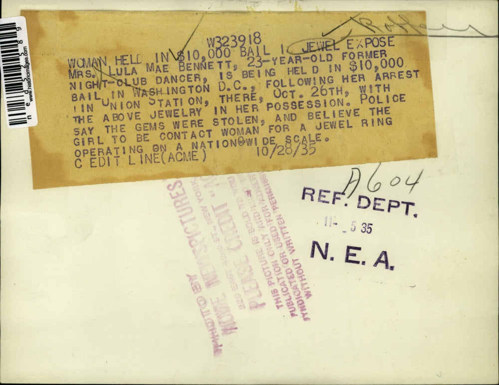 1935 Press Photo Mrs Lula Mae Bennett, Night Club Dancer Evidence in Theft Case