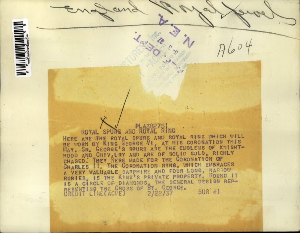 1937 Press Photo Royal spurs & ring for King George VI coronation