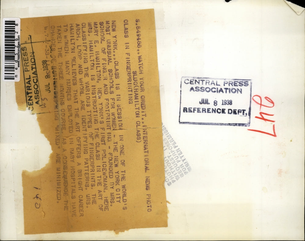 1938 Press Photo NYC School of finger & foot printing, ME Hamilton teaching