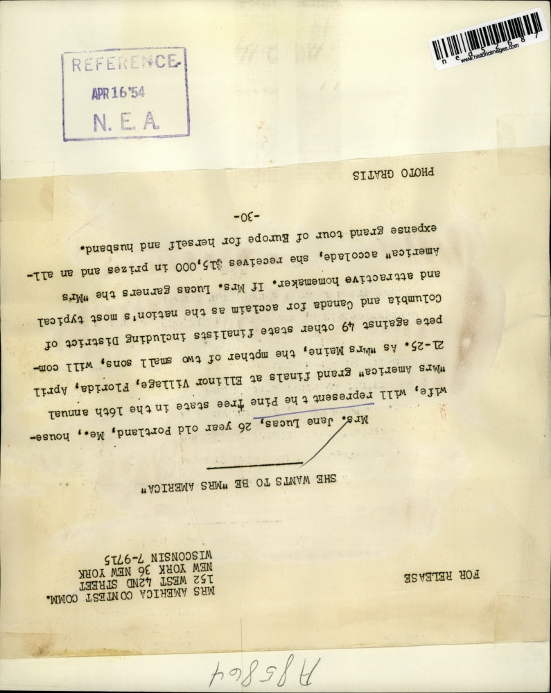 1954 Press Photo Mrs. Jane Lucas House Wife Competes In Mrs. America Finals