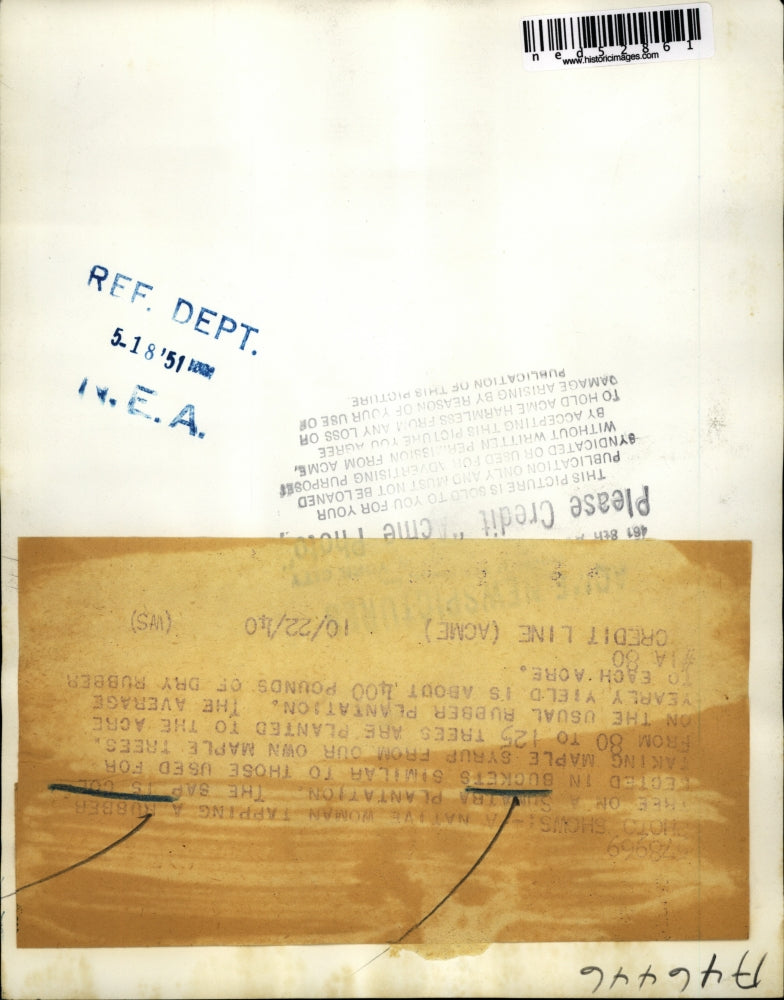 1940 Press Photo Native woman tapping rubber on Sumatra plantation