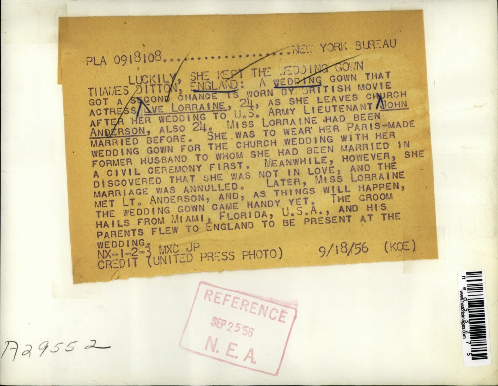 1956 Press Photo Eve Lorraine and U.S. Army Lt. John Anderson Wedding in England