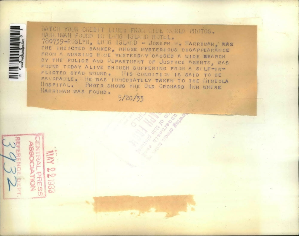 1933 Press Photo The old orchard Inn where Harriman was found